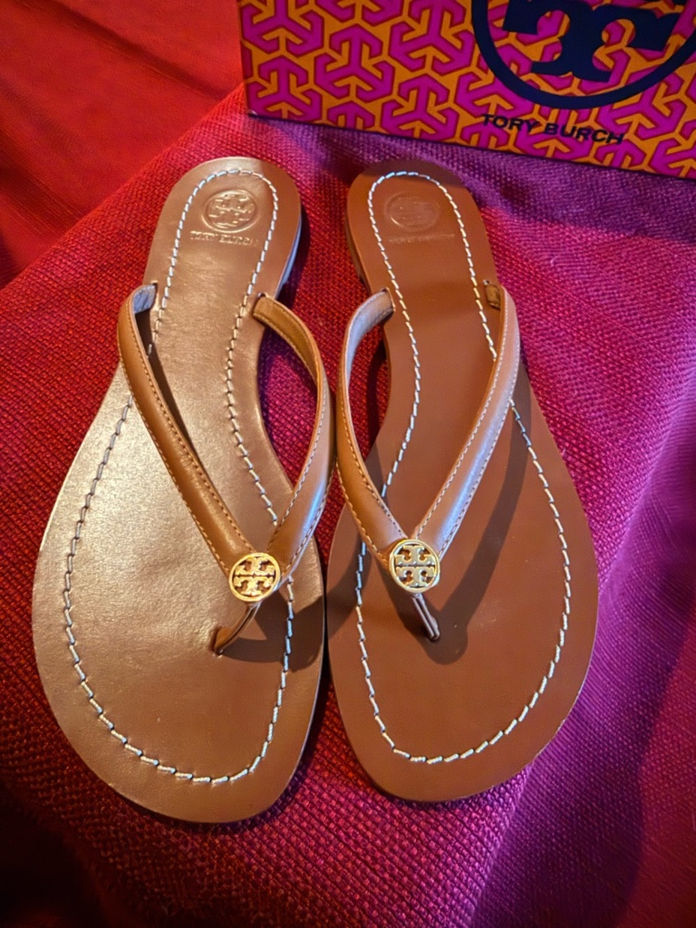 Tory Burch Royal Tan & Gold Terra Thong Veg Leather Sandal Box - Picture 10 of 12